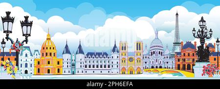 La ville de Paris. Beaux bâtiments d'époque de Paris contre le ciel bleu et les nuages blancs. Paris et ses monuments historiques. Illustration de Vecteur