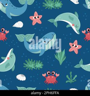 Vecteur sous la mer modèle sans couture. Répéter le fond avec le dauphin, la baleine, l'étoile, le crabe, l'algue. Papier numérique Ocean Life. Animaux aquatiques amusants et Illustration de Vecteur