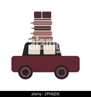 Voiture avec bagages sur le toit pour les voyages en famille. Vue latérale. Image de transport routier isolée. Voyage de vacances à l'intérieur et auto Road tour planification. Automobile t Illustration de Vecteur