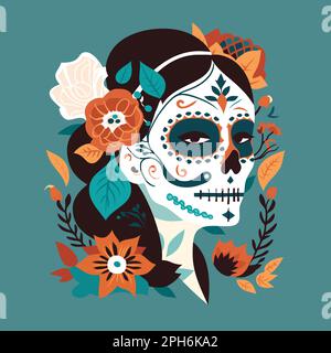 Une illustration vectorielle du thème Día de los Muertos Sugar Skull Woman. Illustration de Vecteur