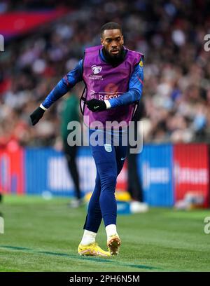 Ivan Toney, en Angleterre, se réchauffe sur la ligne de contact lors du match de qualification du groupe C de l'UEFA Euro 2024 au stade Wembley, à Londres. Date de la photo: Dimanche 26 mars 2023. Banque D'Images