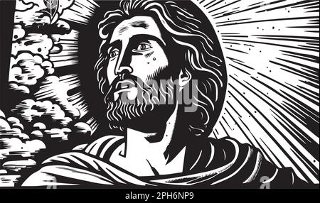 Belle linocut art ou page de coloriage de Jésus Christ fait pour l'impression de l'art numérique Motif Doodle pour la détente et la méditation Illustration de Vecteur