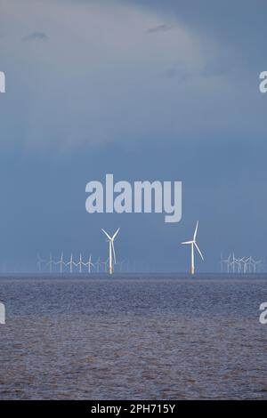 Éoliennes offshore à Gunfleet Sands, au large de Clacton, dans le comté de Sea Essex. Banque D'Images