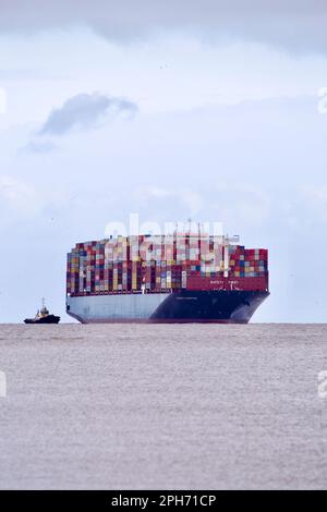 Le bateau à conteneurs Maersk Compton entre dans le port de Felixstowe, Suffolk, Royaume-Uni, assisté de remorqueurs. Banque D'Images