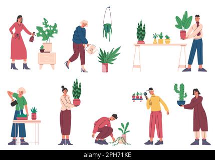 Les gens s'occupent des plantes de la chambre. Caricature femmes et hommes avec différents intérieurs décoration maison plantes. Cactus et palmier dans des pots de fleurs. Les personnes qui grandissent Illustration de Vecteur