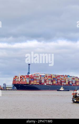 Le bateau à conteneurs Maersk Compton entre dans le port de Felixstowe, Suffolk, Royaume-Uni, assisté de remorqueurs. Banque D'Images