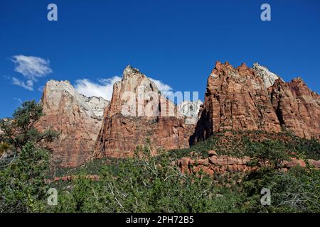Les trois pics (Abraham Peak, Isaac Peak, Jacob Peak) de la Cour des Patriarches, parc national de Zion, Utah, États-Unis Banque D'Images