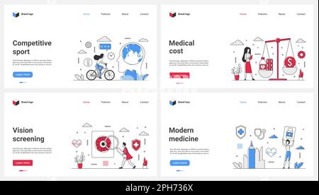 Médecine moderne, sport et assurance, ensemble de diagnostic illustration vectorielle. Caricature les gens minuscules mesurent le coût du service médical et le prix sur balance balance, la vision de contrôle par le médecin avec la loupe Illustration de Vecteur