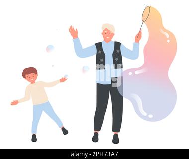 Père et garçon fils jouer et souffler des ballons géants de bulle de savon sur mousse partie isolé dessin animé vecteur plat illustration Illustration de Vecteur