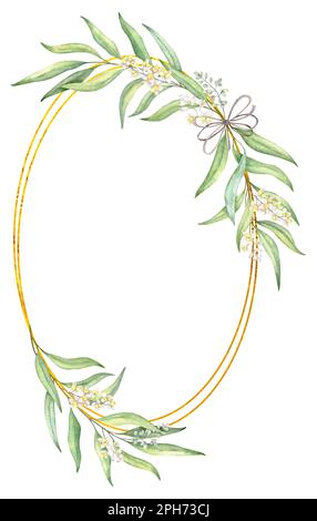 Couronne vert olive aquarelle, cadre géométrique doré, invitation à un mariage, logo Banque D'Images