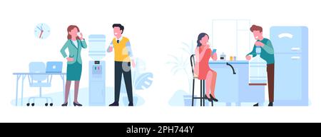 Les gens boivent de l'eau au bureau et à la maison. Employés se trouvant près d'un réfrigérateur. Couple avec tasses à boissons dans la cuisine. Bouteille en plastique. Distributeur Aqua. Homme et Illustration de Vecteur
