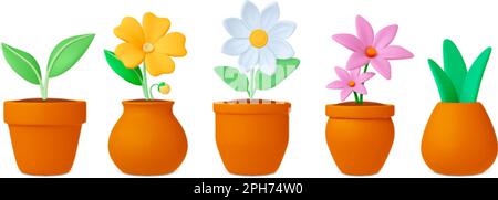 Plantes en pots 3D icônes. Fleurs et feuilles, camomille, fleur de lys. Marguerite en plasticité réaliste dans un vase en argile. Jardin vert d'été printanier pithy Illustration de Vecteur