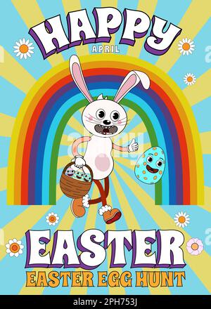 Joyeux Pâques affiche vintage tendance Pâques Groovy 1970 style avec fleurs, oeuf, arc-en-ciel Illustration de Vecteur