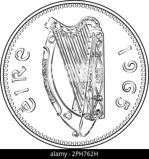 Irish Money pièce d'or pré-décimale Penny avec harpe celtique sur l'inverse. Image en noir et blanc Illustration de Vecteur