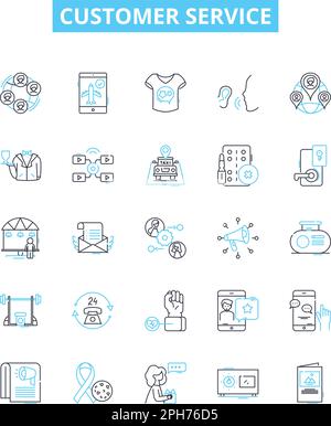 Jeu d'icônes de ligne de vecteur de service client. Support, assistance, aide, soins, réponse, Les commentaires, les illustrations de présence décrivent les symboles et les affiches de concept Illustration de Vecteur