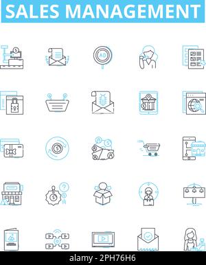 Ensemble d'icônes de lignes vectorielles de gestion des ventes. Ventes, gestion, processus, CRM, revenus, Le plomb, l'illustration du produit, présente les symboles et les panneaux de concept Illustration de Vecteur