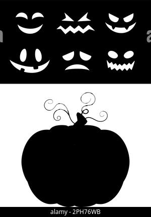 Visages de citrouille d'Halloween. Octobre fest personnage visage générateur, Pumpkins découpe effrayant emoji templates, halloweens partie sculpture graphiques Illustration de Vecteur