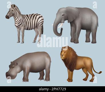 Animaux d'Afrique. Animaux sauvages réalistes éléphant girafe lion Rhinoceros décente vecteur zoo collection d'images Illustration de Vecteur