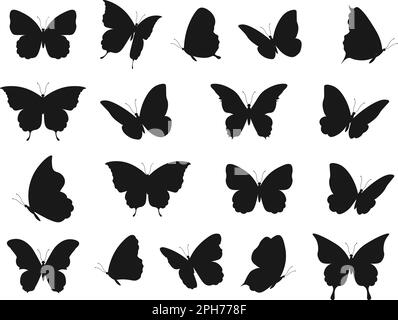 Silhouettes de tatouage de papillon. Papillons formes de silhouette, noir décoratif insectes de mouche icônes, l'encre printemps objets papillon Illustration de Vecteur