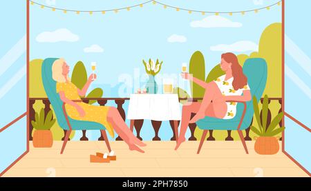 Les filles parlent sur la terrasse extérieure illustration vectorielle. Ambiance de style de vie paisible avec conversation de deux meilleurs amis assis dans des chaises ensemble pour discuter et parler, buvez de la limonade avec vue d'été Illustration de Vecteur