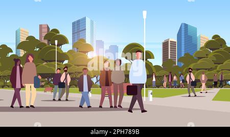 groupe de personnes multiethniques marchant en plein air mix race hommes femmes foule passant du temps dans le parc urbain Illustration de Vecteur