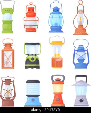 Lanternes de camp de dessin animé. Bougies lanterne de jardin, lampe au kérosène pour le camping en voyage, lampes anciennes d'époque sur gaz ou huile rétro éclairage de nuit ancienne, illustration vectorielle de la vieille lampe, lumière kérosène Illustration de Vecteur