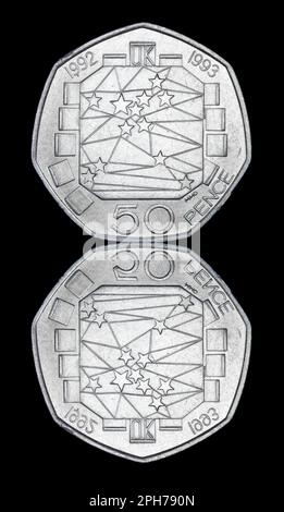 Le 1992-1993 50p célèbre la présidence britannique du Conseil européen des ministres et l'achèvement du marché unique Banque D'Images