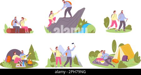 Couple randonnée. Excursion en montagne pour jeunes aventuriers, selfie sur la nature, forêt ou camp en plein air, randonneurs heureux mode de vie, illustration vectorielle de couple de voyage à la montagne Illustration de Vecteur