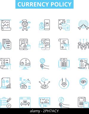 Ensemble d'icônes de ligne de vecteur de politique monétaire. Change, taux, monétaire, valeur, argent, À l'étranger, l'illustration du marché présente des symboles et des signes conceptuels Illustration de Vecteur