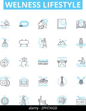Jeu d'icônes de lignes vectorielles style de vie de bien-être. Bien-être, style de vie, Santé, condition physique, régime, Nutrition, illustration de l'exercice décrit les symboles de concept et Illustration de Vecteur