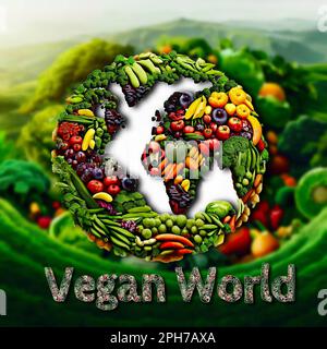 Vegan World - une image qui représente un globe terrestre composé de fruits et légumes immergés dans un environnement vert et éco-durable Banque D'Images