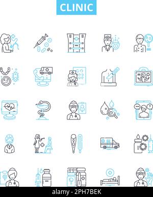 Ensemble d'icônes de lignes vectorielles cliniques. Clinique, médical, soins de santé, ambulatoire, traitement, Diagnostic, chirurgie illustration du contour des symboles et des signes de concept Illustration de Vecteur