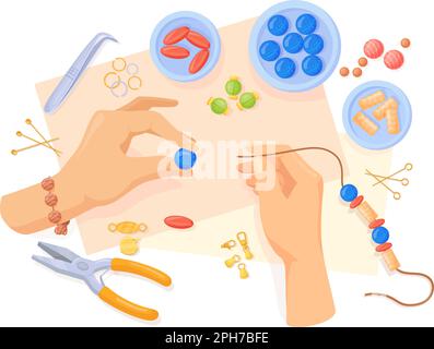 Des mains qui font des bracelets. Atelier de bijoux, fabrication manuelle de bracelets perlés ou collier de mode sur ficelle, bijoux artisanaux faits à la main, décorations de travail artisanal, illustration vectorielle soignée de l'artisanat et fait à la main Illustration de Vecteur