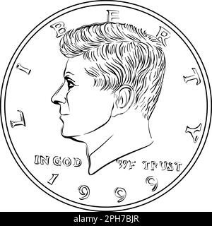 Les États-Unis coin demi-dollar avec John F Kennedy sur l'inverse. Image en noir et blanc Illustration de Vecteur