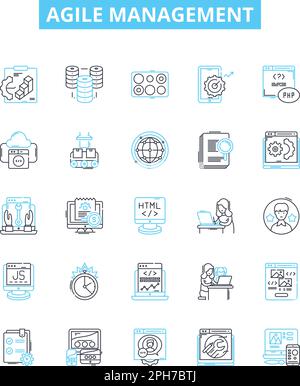 Jeu d'icônes de ligne de vecteur de gestion agile. Agile, gestion, processus, produit, développement, La mêlée, l'illustration de l'équipe, présente les symboles et les affiches du concept Illustration de Vecteur