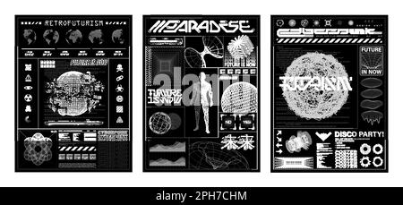 Ensemble d'affiches futuristes rétro avec 3D objets et formes scientifiques Illustration de Vecteur