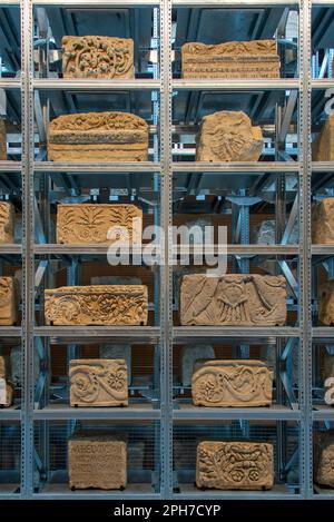 L'impressionnant mur Lapidaire à Narbo via, le nouveau musée d'histoire romaine de Narbonne présente des pierres de relief élaborées provenant de tombes romaines. Banque D'Images