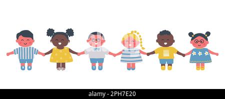 des enfants heureux tenant les mains. Groupe diversifié de jeunes filles et de jeunes garçons. Personnages de dessin animé mignons. Illustration vectorielle Illustration de Vecteur