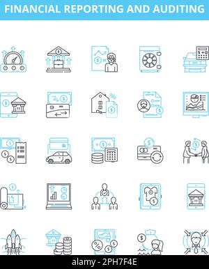 Ensemble d'icônes de ligne vectorielle de reporting et d'audit financiers. Vérification, Finances, Rapports, Finances, États financiers, Enregistrements, analyse du contour de l'illustration Illustration de Vecteur