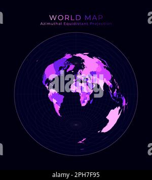 Carte du monde. Projection équidistante azimutale. Illustration du monde numérique. Couleurs néon rose vif sur fond sombre. Illustration vectorielle impressionnante. Illustration de Vecteur