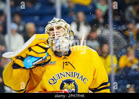 Bridgeport, Connecticut, États-Unis. 26th mars 2023. Quinnipiac Bobcats goaltender Yaniv Perets (1) prend une pause lors de la finale régionale de Bridgeport de hockey sur glace DI NCAA contre les Buckees de l'État de l'Ohio à Total Mortgage Arena à Bridgeport, Connecticut. Rusty Jones/Cal Sport Media/Alamy Live News Banque D'Images