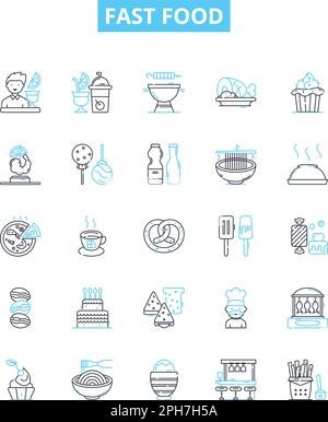 Jeu d'icônes de lignes vectorielles fast food. Restauration rapide, Junk-food, drive, Takeout, Burger, L'illustration frites, pizza présente les symboles et les affiches du concept Illustration de Vecteur
