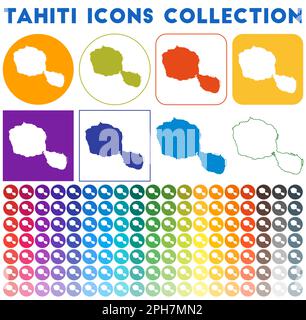 Collection d'icônes Tahiti. Icônes de carte branchées colorées et lumineuses. Badge Tahiti moderne avec carte de l'île. Illustration vectorielle. Illustration de Vecteur
