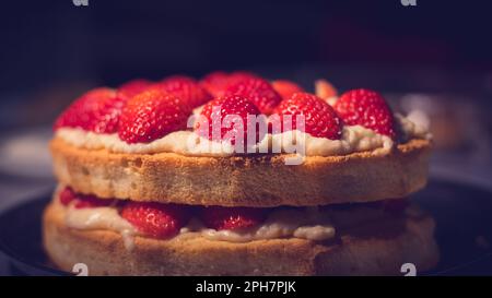 gâteau fait maison à deux couches aux bords croustillants avec crème et fraise Banque D'Images