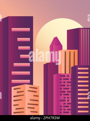 Image d'une ville nocturne et de hauts bâtiments. Lune et ciel sombre. Illustration vectorielle plate avec dégradé. Illustration de Vecteur