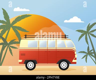 Bus rouge sur fond de palmiers et de soleil. Modèle d'affiche. Voyage d'été. Illustration de Vecteur