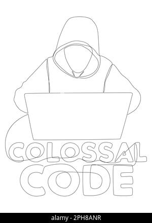 Une ligne continue d'homme avec ordinateur portable et texte Colossal Code. Concept de vecteur d'illustration à trait fin. Dessin de contour idées créatives. Illustration de Vecteur