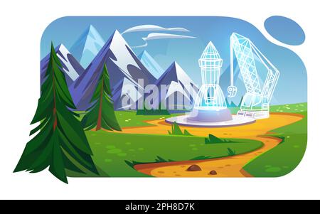 Paysage de vallée de montagne avec hologramme numérique de fusée, herbe verte, arbres, route et nuages dans le ciel. Scène d'été de rochers, prairies, pins et chemin, dessin animé vectoriel de vaisseau spatial filaire Illustration de Vecteur