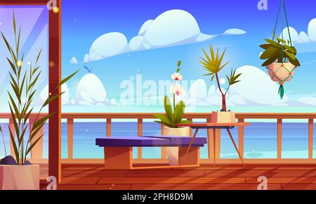 Balcon de la maison de plage avec vue sur mer Méditerranée. Illustration de dessin animé vectoriel de belle terrasse en bois décorée de fleurs en pot, orchidée sur table, surface d'eau calme, oiseaux volant dans le ciel Illustration de Vecteur