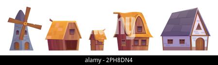 Maison de village médiéval isolée, grange et moulin à vecteur. Dessin animé ancien bâtiment en brique extérieur avec espace pour la ferme ou l'illustration de jeu de campagne. Pare-vent en bois et façade de chalet de banlieue en forme de clipart. Illustration de Vecteur